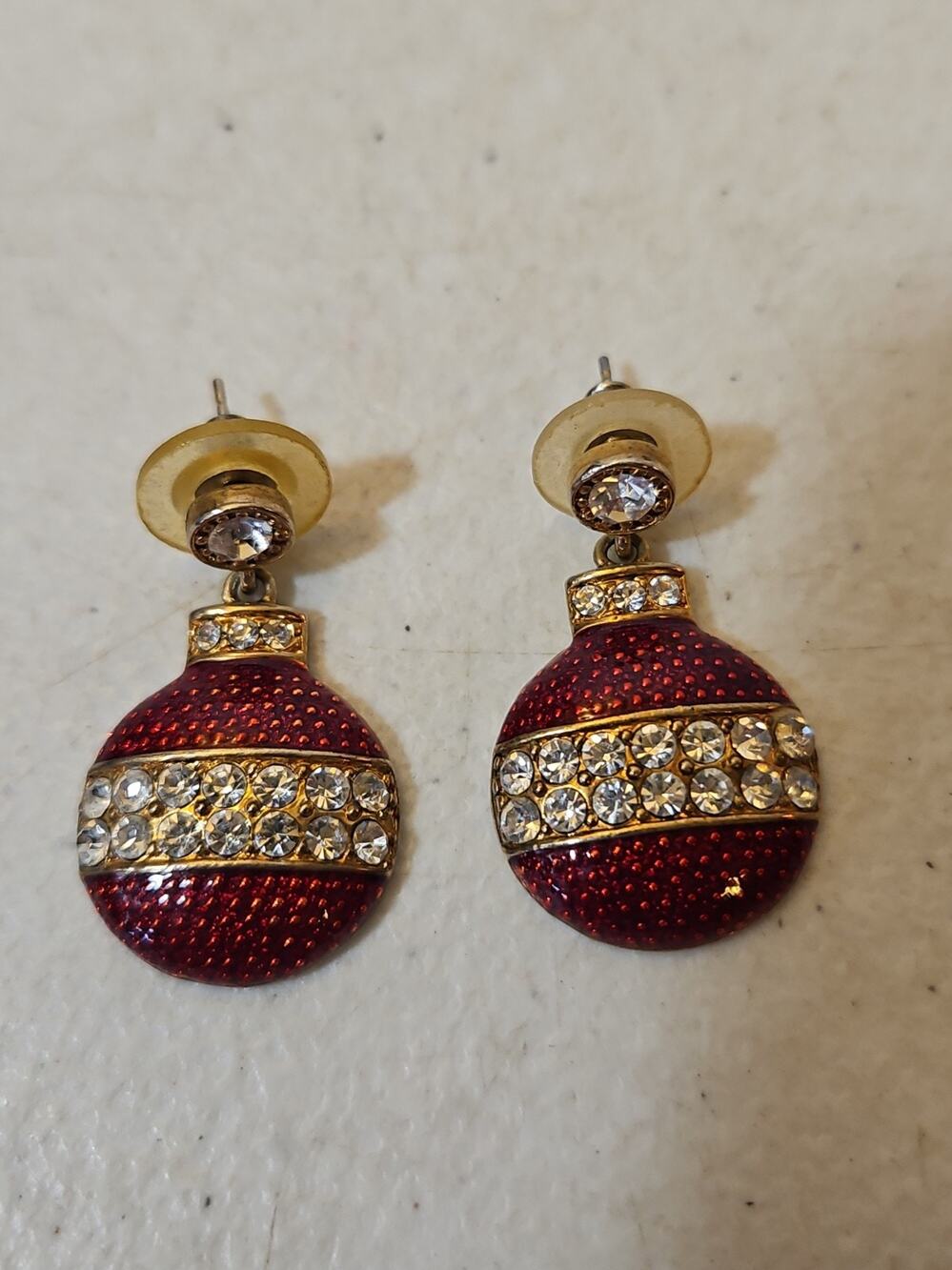 Vintage Eisenberg Ice Red Enamel Christmas Ball Ornament Earrings